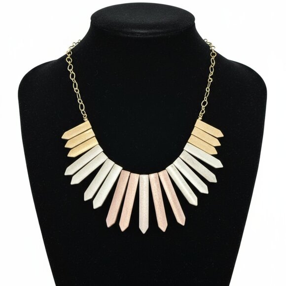 Vintage Mixed Metal Spike Bib Necklace Gold Silver Rose Gold Geometric Collar - Picture 1 of 7